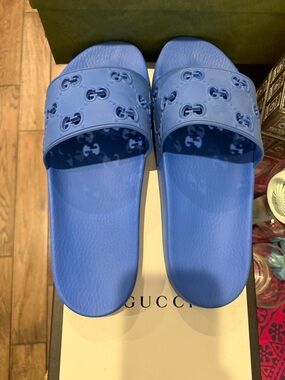 Gucci Bright Blue GG Embossed Rubber Slides